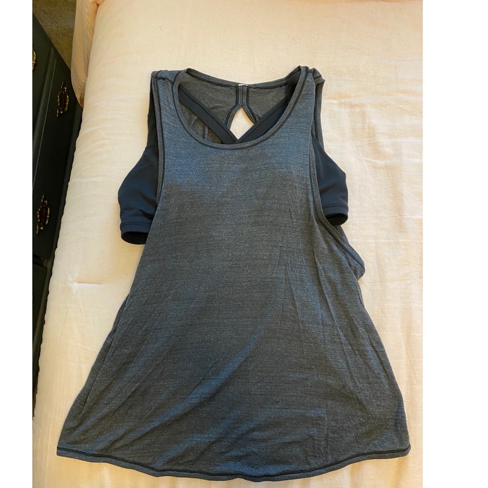 Grey tank with built in black sports bra
